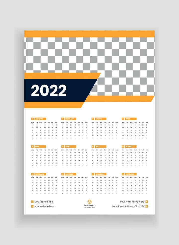 Diseño de calendario de pared de una página 2022. Diseño de calendario de pared 2022. Diseño de calendario de año nuevo 2022. La semana comienza el lunes. plantilla para calendario anual 2022 vector