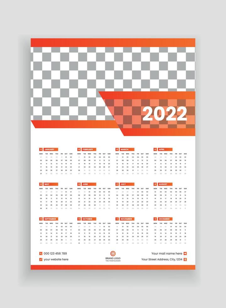 One Page Wall Calendar Design 2022. Wall Calendar Design 2022. New Year Calendar Design 2022. Week Starts on Monday. Template for Annual Calendar 2022 vector