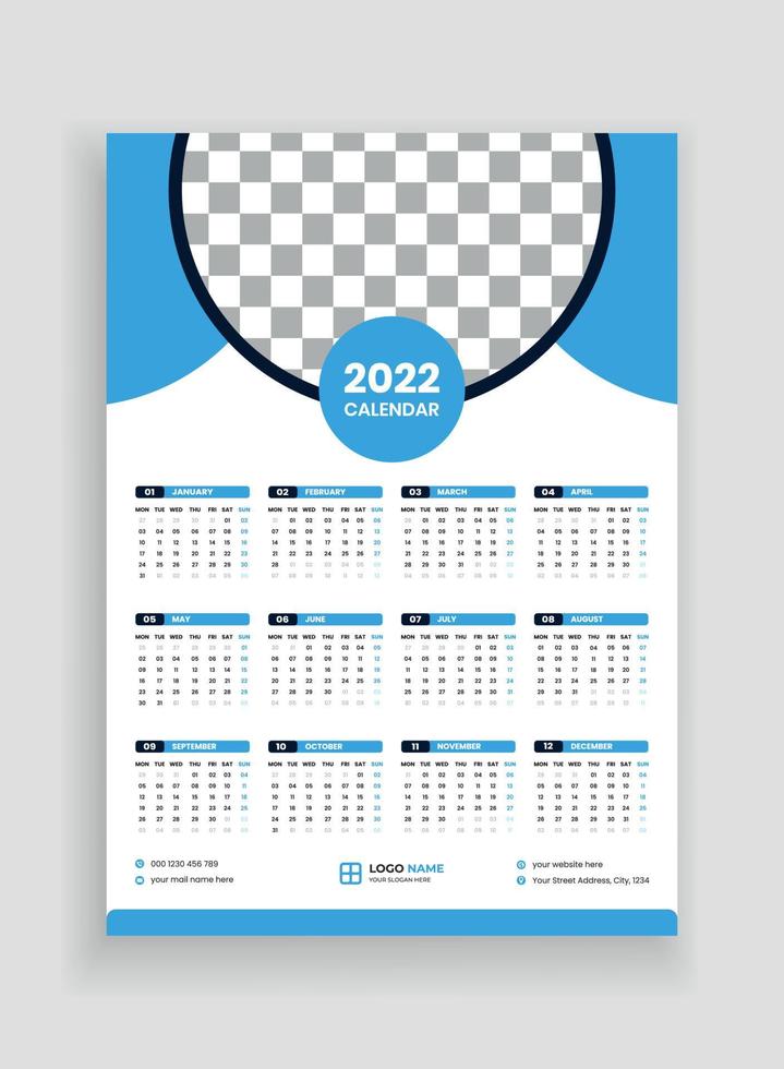 Diseño de calendario de pared de una página 2022. Diseño de calendario de pared 2022. Diseño de calendario de año nuevo 2022. La semana comienza el lunes. plantilla para calendario anual 2022 vector