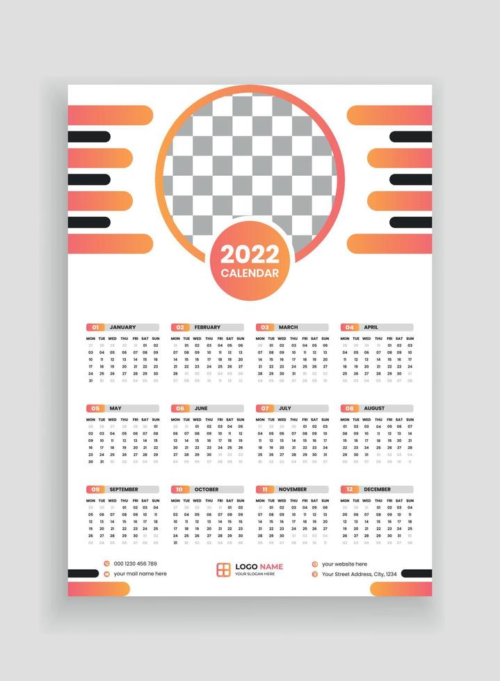 Diseño de calendario de pared de una página 2022. Diseño de calendario de pared 2022. Diseño de calendario de año nuevo 2022. La semana comienza el lunes. plantilla para calendario anual 2022 vector