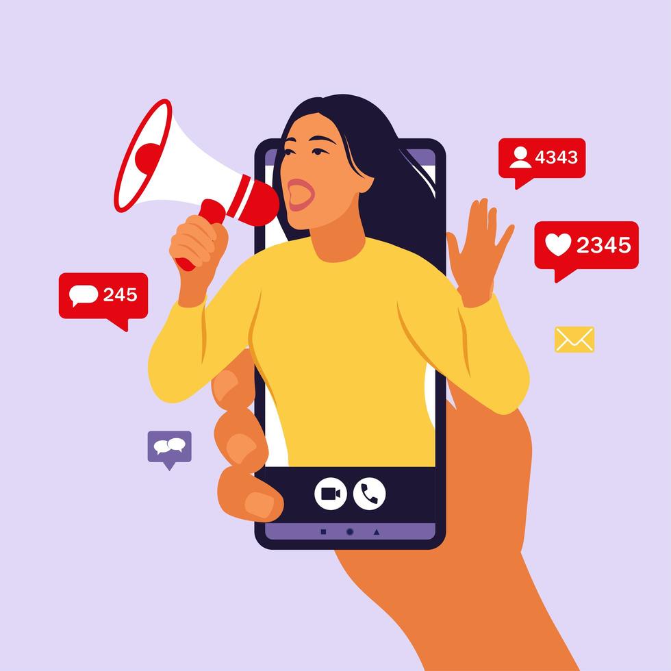 Hands holding smartphone with a girl shouting in loud speaker. Influencer marketing, social media or network promotion. Blogger promotion services and goods for her followers online. Vector. vector
