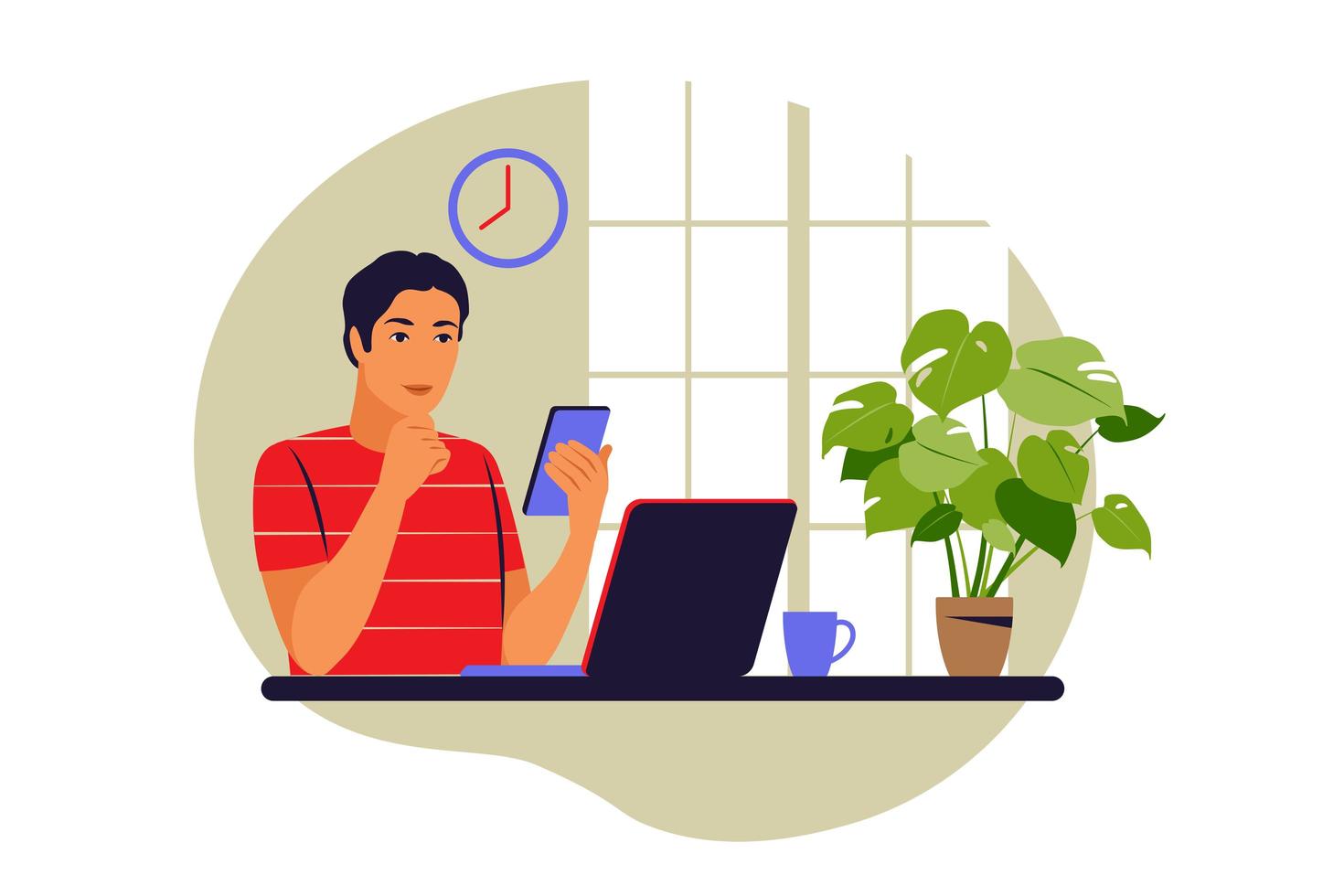 Telecommuting concept. Freelancer working from home. Vector illustration. Flat.