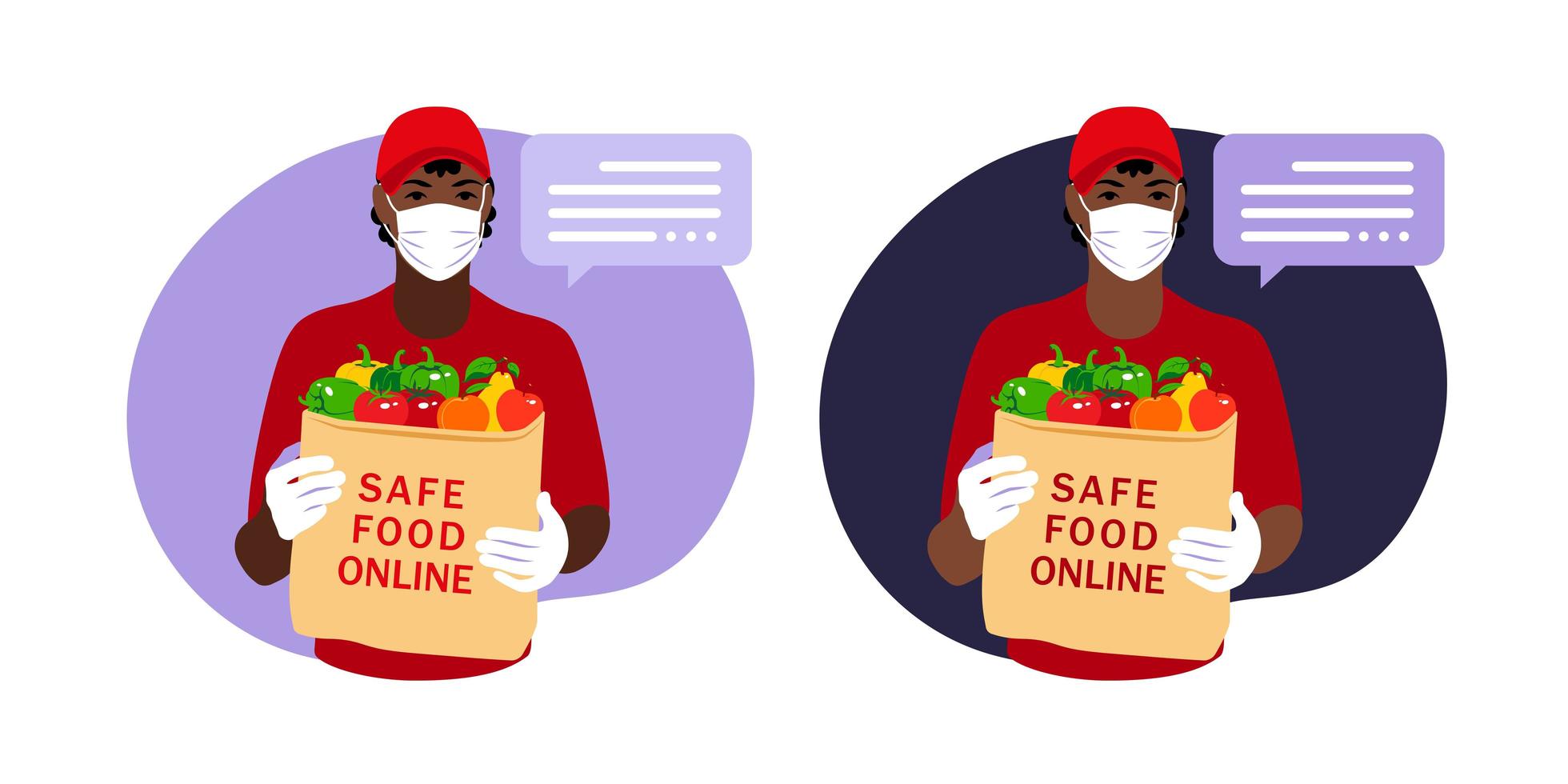 Safe food delivery. Man african courier delivering grocery order to the home of customer with mask and gloves during the coronavirus pandemic. Vector flat illustration isolated on white background.