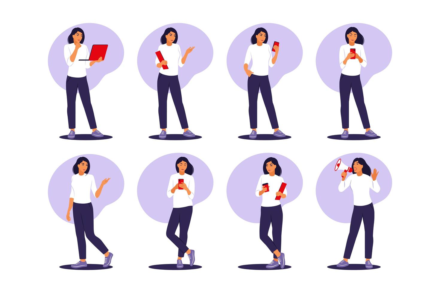 Businesswoman set with different postures. Vector illustration. Flat.