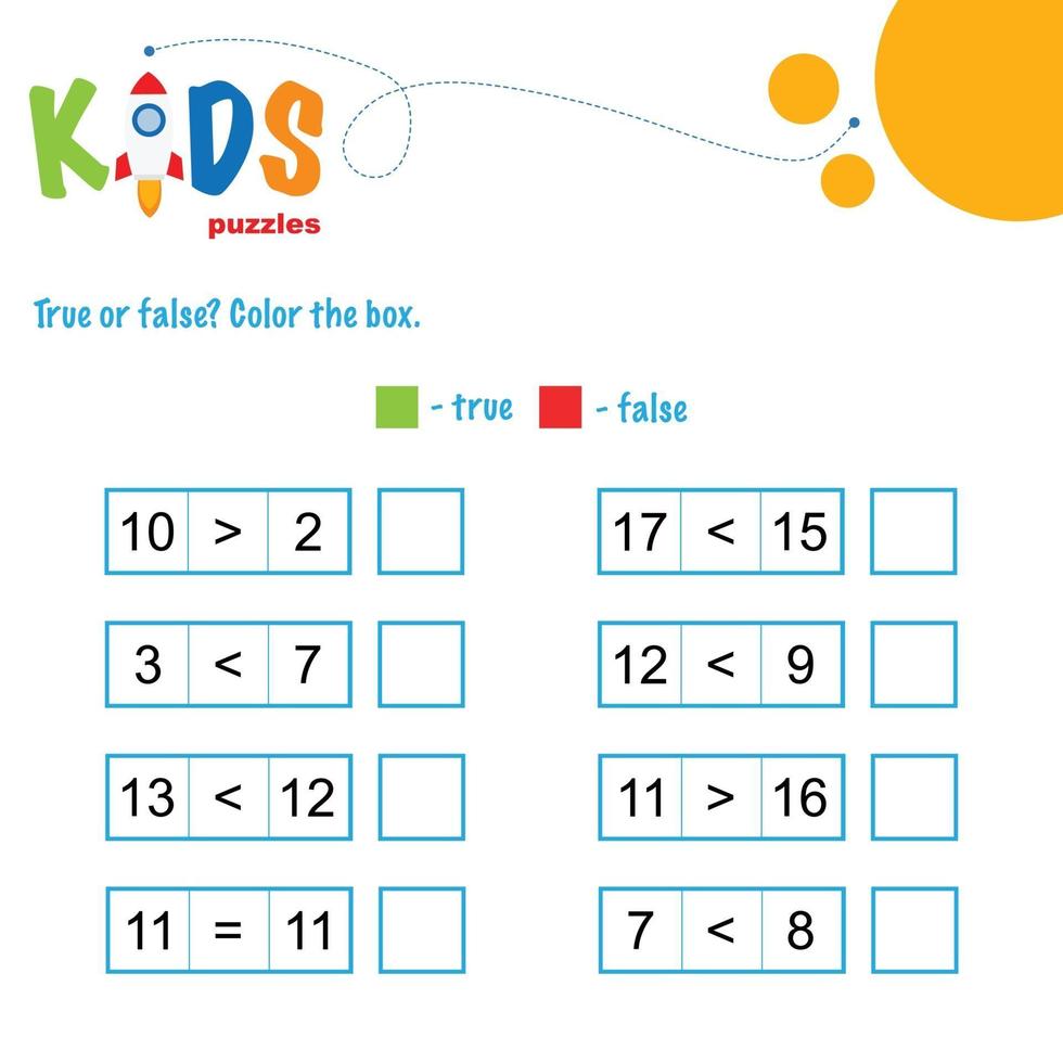 True or false. Comparing numbers printable math worksheet vector