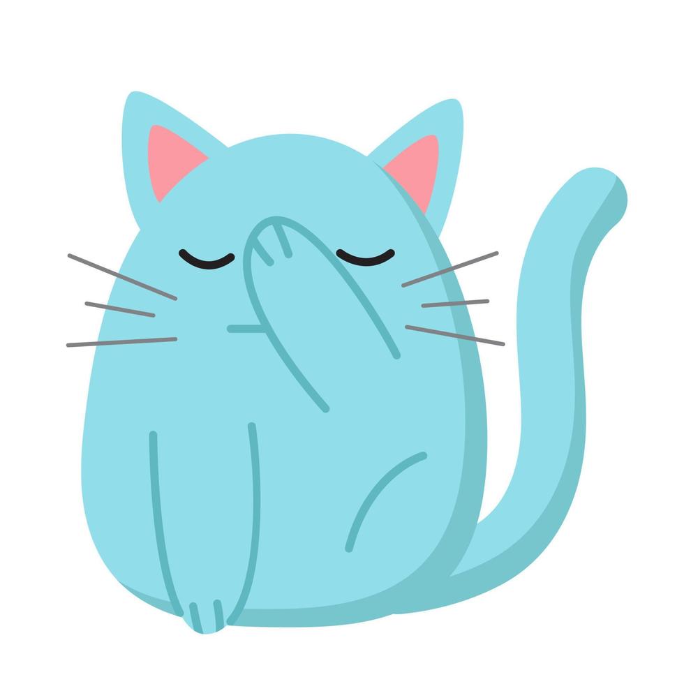 gato gordo azul de dibujos animados cierra su cara con su mano. linda ilustración vectorial. impresión divertida para paquete de pegatinas, emoji, emoticonos. Se puede utilizar para camisetas, ropa, tarjetas, diseño y decoración. vector