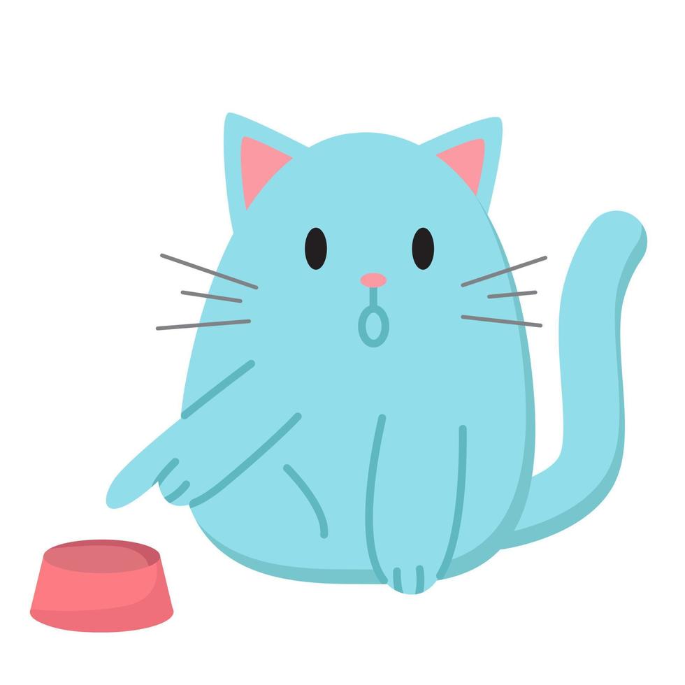 dibujos animados de gato gordo azul apunta a un tazón vacío. linda ilustración vectorial. impresión divertida para paquete de pegatinas, emoji, emoticonos. Se puede utilizar para camisetas, ropa, tarjetas, diseño y decoración. vector