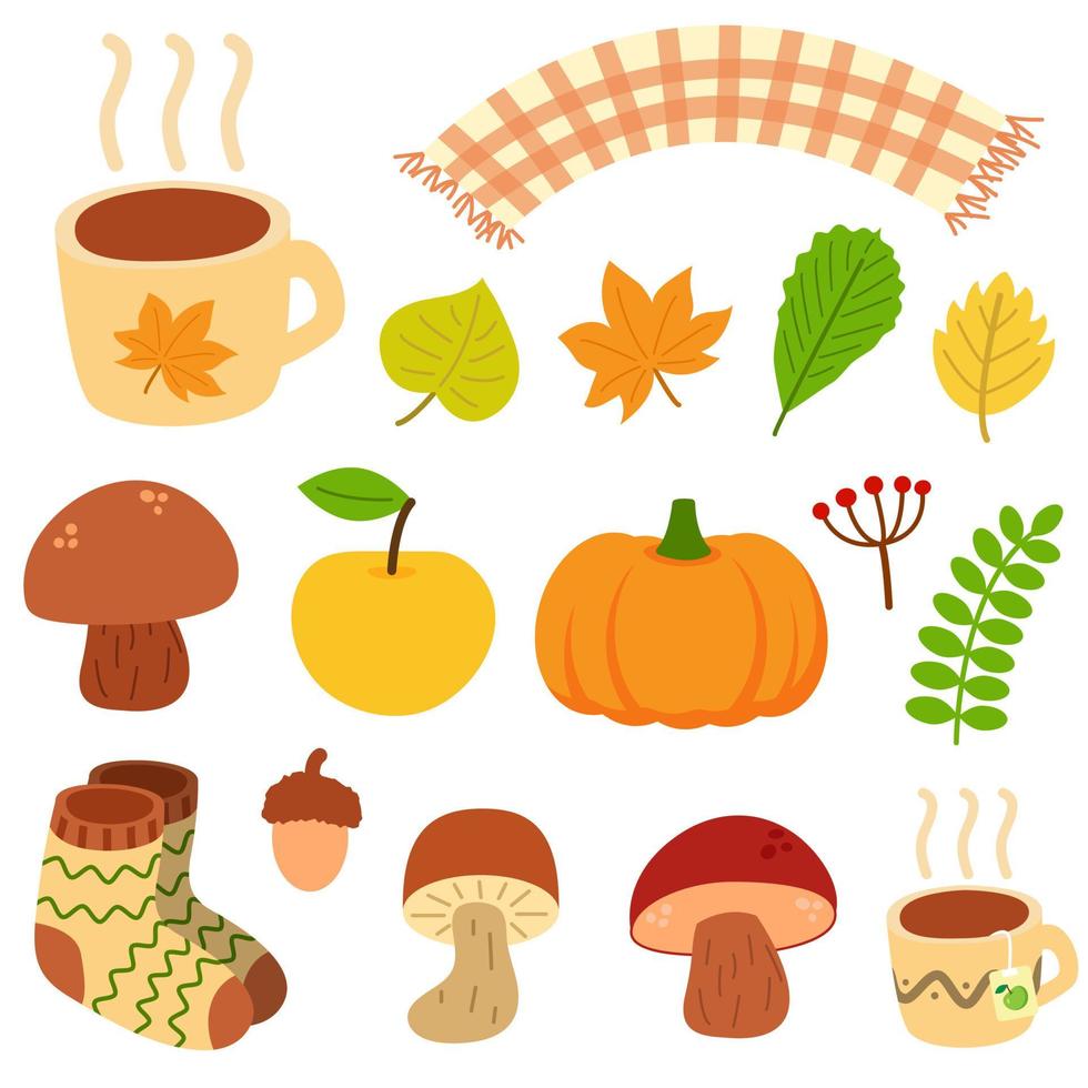 Set of different autumn natural elements. Fall leaves, mushrooms, berries, acorn, apple and pumpkin. Mug with tea or cacao, warm socks and scarf. Print for stickers, seasonal design and decor vector