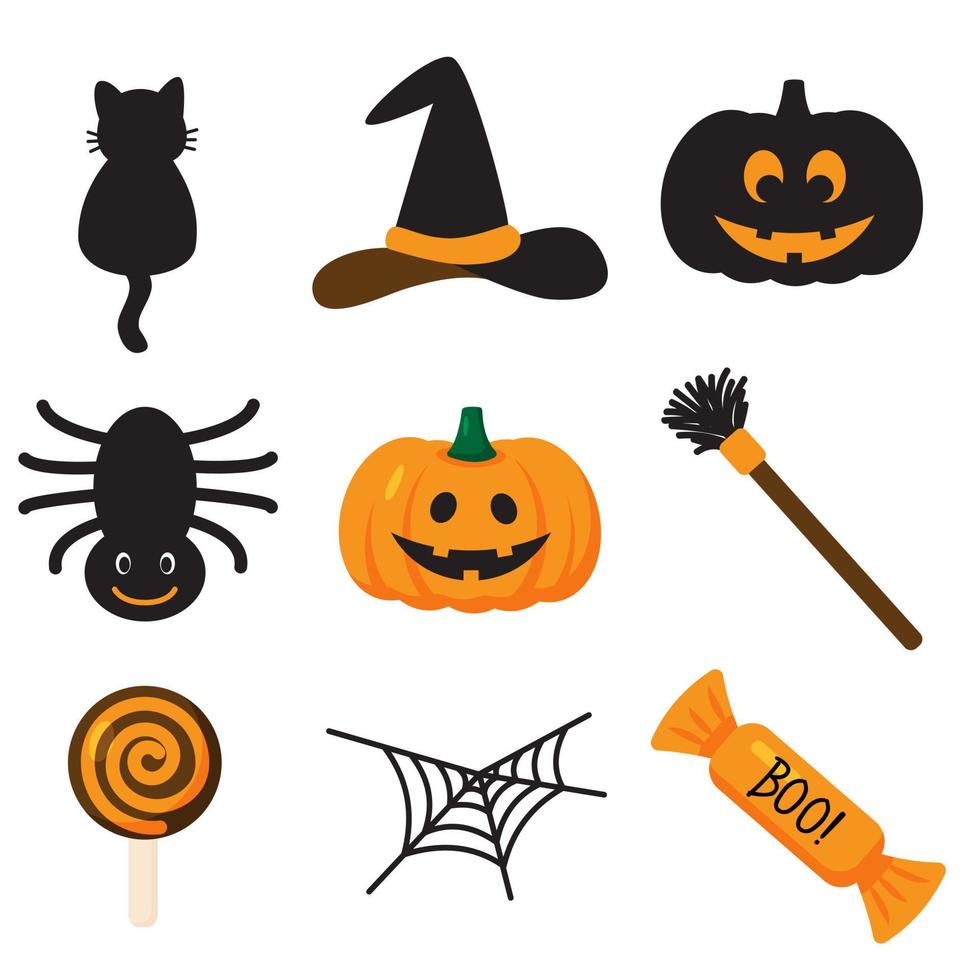 Set of Halloween design elements in funny cartoon style. Prints for seasonal and celebration design and decor. Cat, pumpkin, spider, witch hat and broom, web and candies. Black and orange colors vector