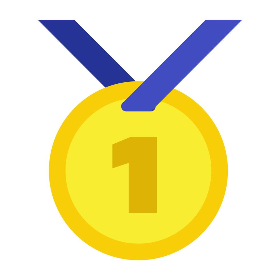 Golden medal with ribbon. Prize for award ceremony. Champion trophy icon. First place in sport competition. Vector illustration in cartoon flat style