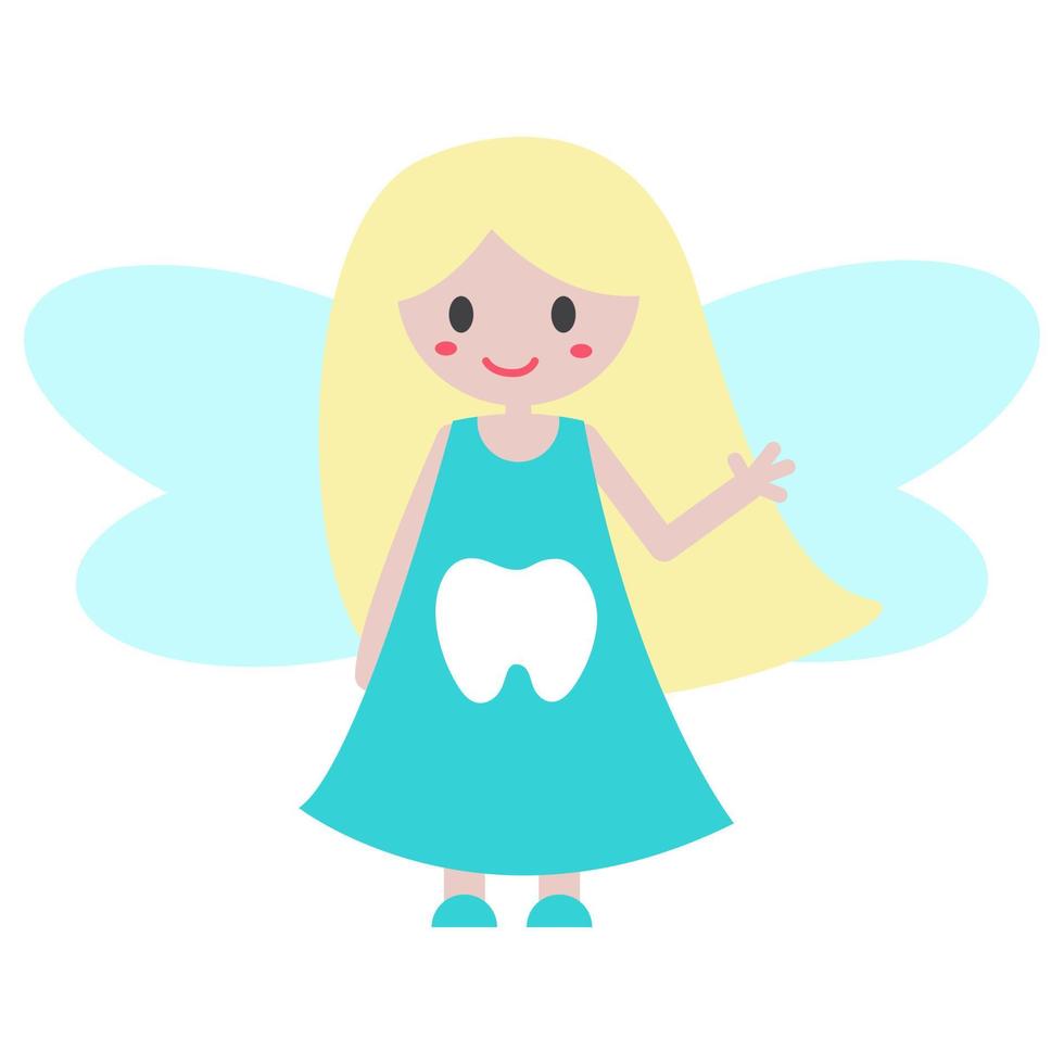 Funny cartoon Tooth Fairy. Cute girl with fair hair and wings. Fairy in blue dress with tooth print. Illustration for kids and children. Print for books, banner, invitation, sticker, design and decor vector