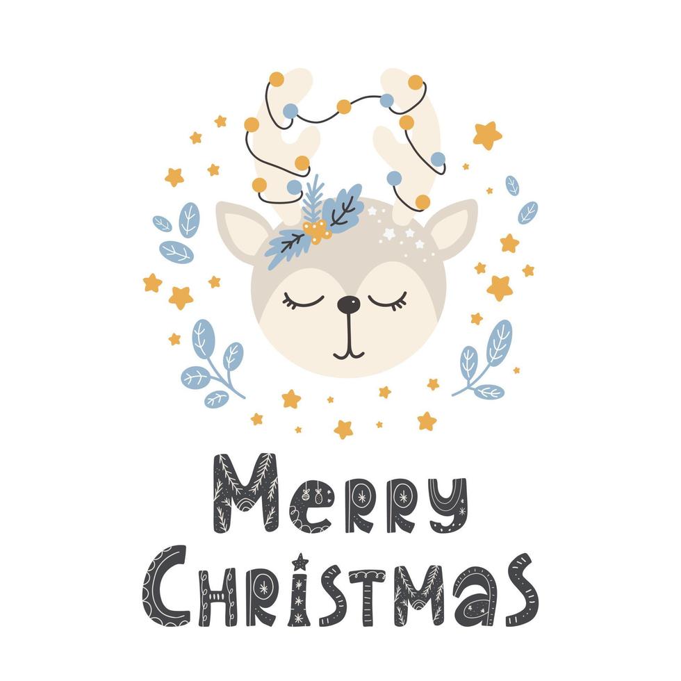 ciervo animal lindo en estilo escandinavo con letras - feliz navidad. vector dibujado a mano infantil de colores simple. animal de dibujos animados.