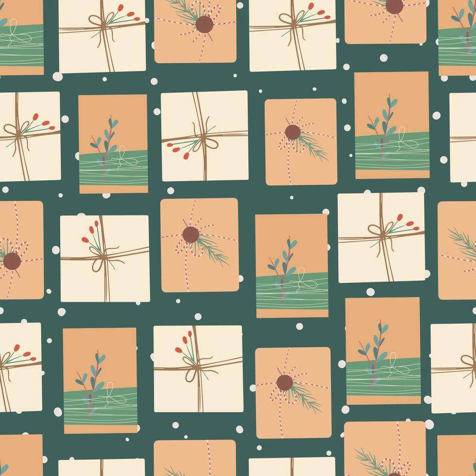 Navidad y feliz año nuevo de patrones sin fisuras con cajas de regalo de Navidad, ramas de abeto y bayas. plantilla de diseño vectorial. papel digital. vector