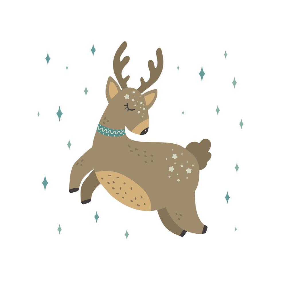 Cute christmas deer. Vector print in scandinavian style. Hand drawn vector illustration for posters, cards, t-shirts.