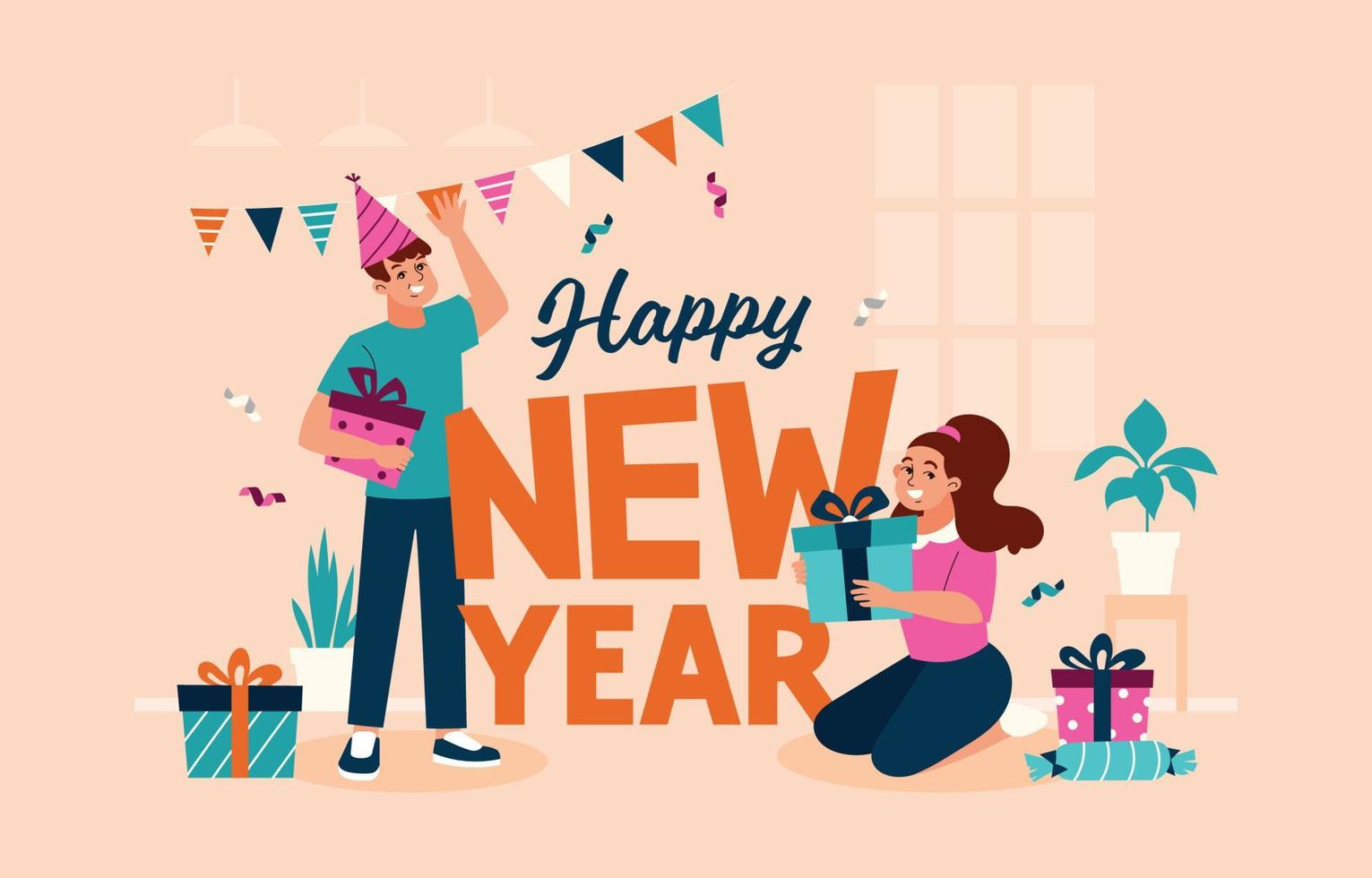 Boy and Girl Arranging Gift Box while Celebrating New Year vector