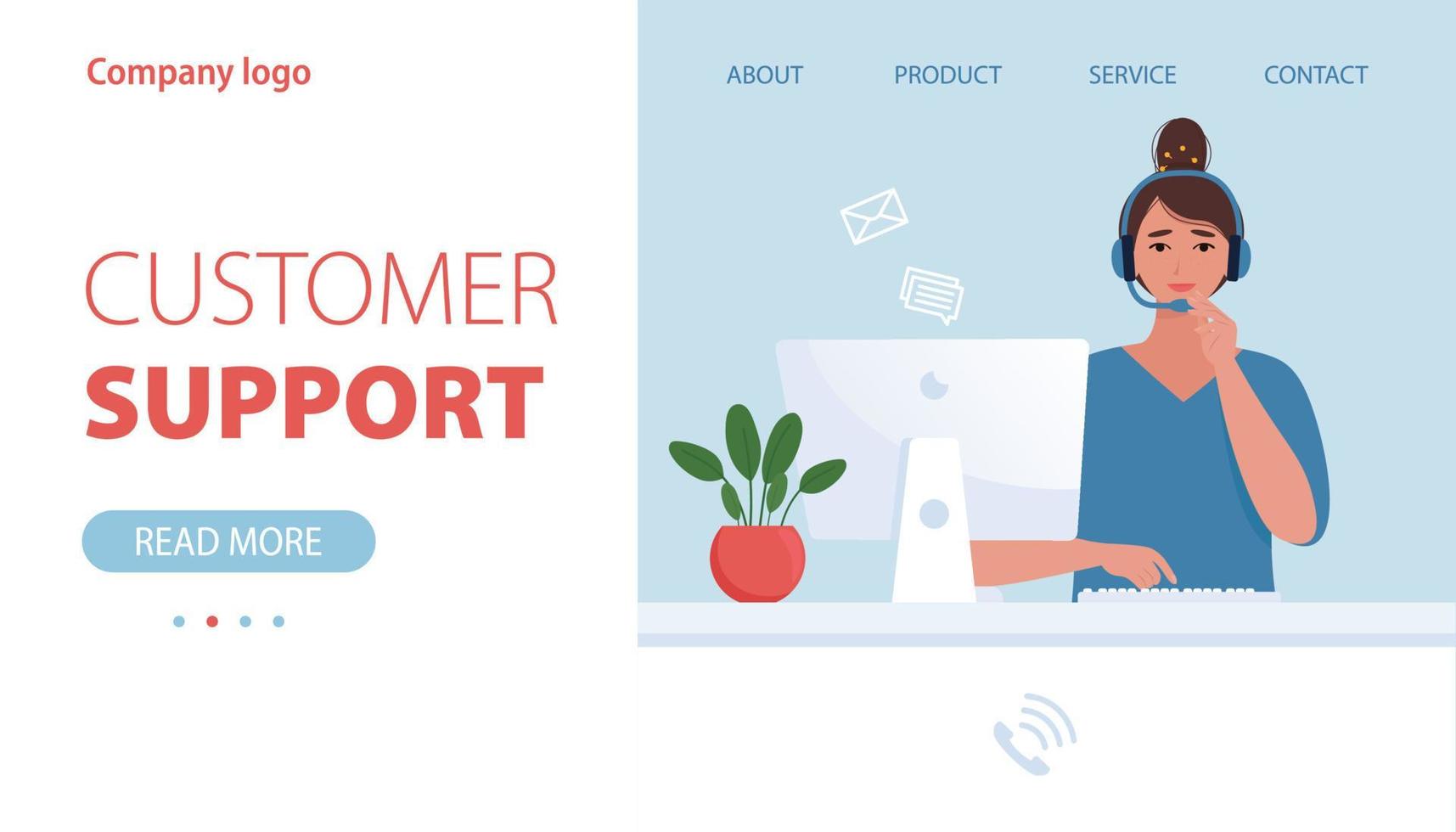 Customer support concept. Woman in headphones takes calls from customers. Vector illustration in flat style