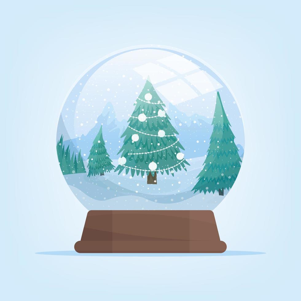 Snow globe with winter mountains landscape and fir tree. Vector isolated illustration