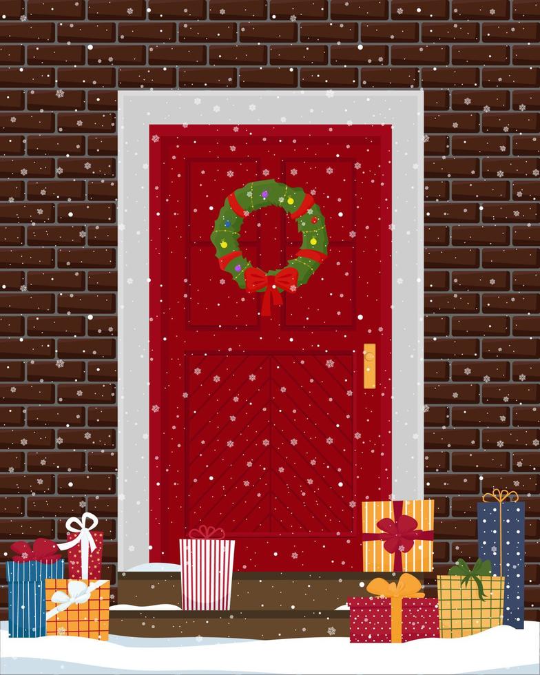 Christmas door with brick wall and many gift boxes on snow-covered steps. Vector illustration in flat style