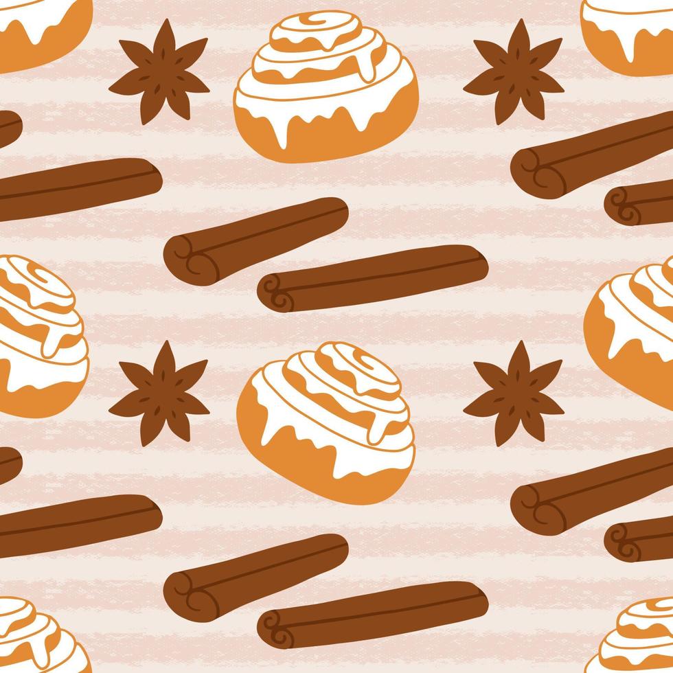 Cinnamon rolls seamless pattern. Hand drawn vector illustration in Retro style