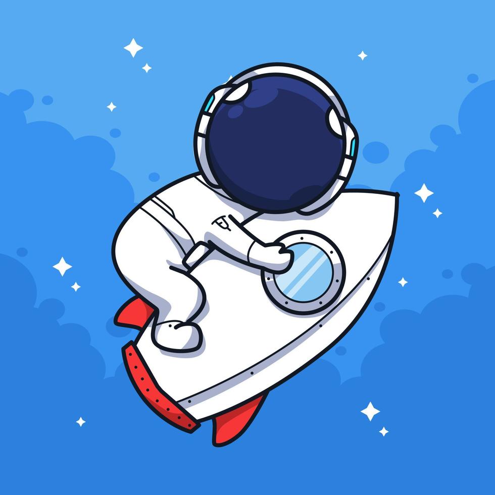 Little Astronaut on the sky with moon and rocket in cute line art illustration style vector