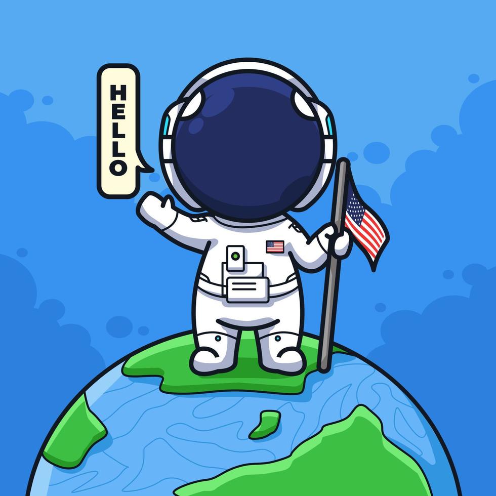Little Astronaut on the sky with moon and rocket in cute line art illustration style vector