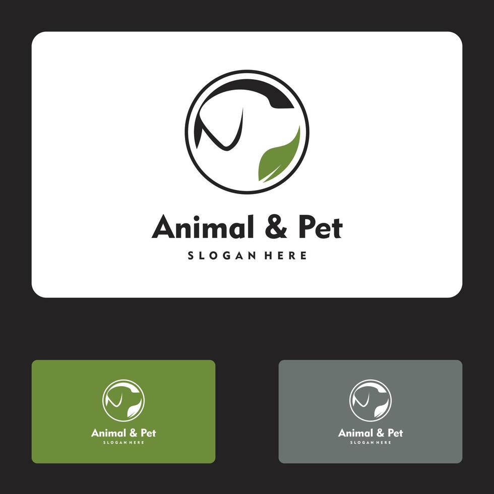 Perro de cuidado de mascotas de animales y diseño de ilustración de icono de vector de logotipo de hoja de círculo