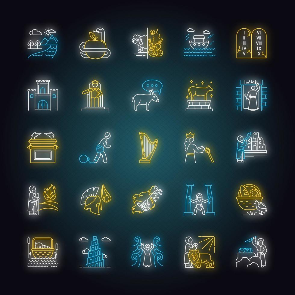 Bible narratives neon light icons set vector