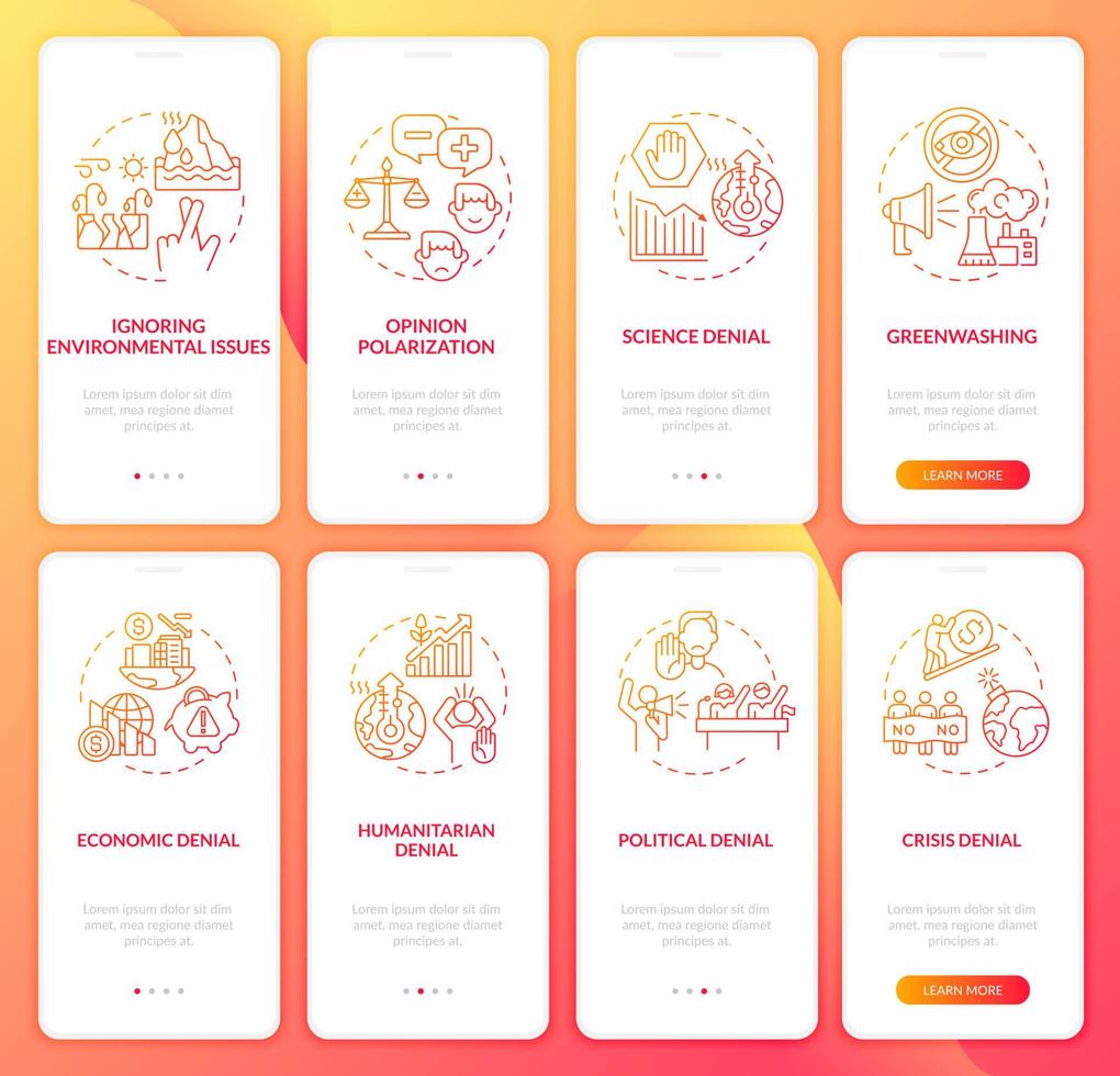 Climate skepticism red gradient onboarding mobile app page screen set vector