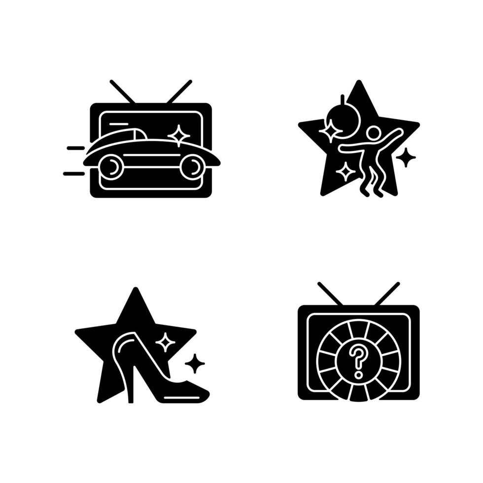 TV genres black glyph icons set on white space vector