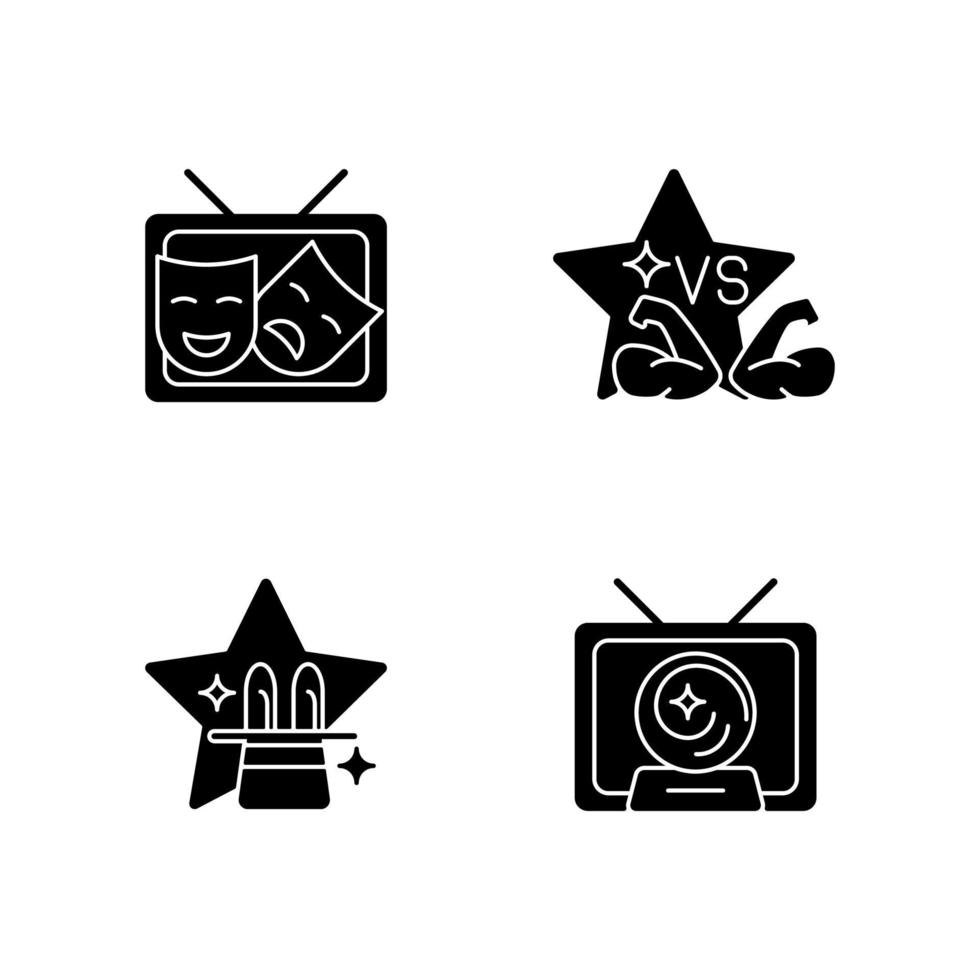 TV shows genres black glyph icons set on white space vector