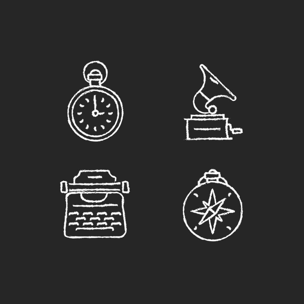 Old-fashioned items chalk white icons set on dark background vector
