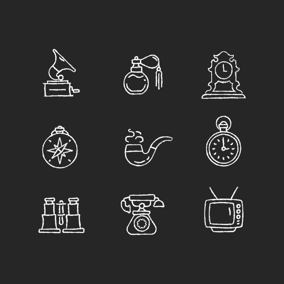 Retro items chalk white icons set on dark background vector