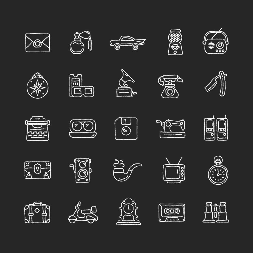 Vintage style chalk white icons set on dark background vector