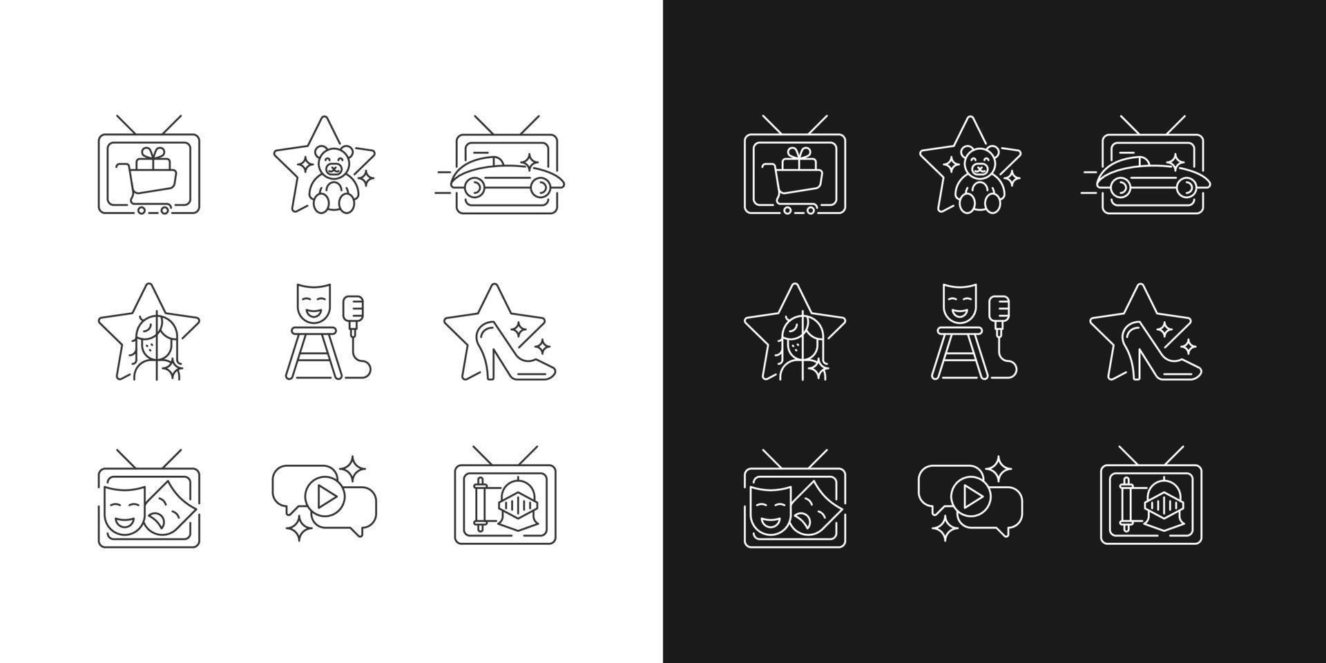Iconos lineales del programa de televisión establecidos para el modo oscuro y claro. vector
