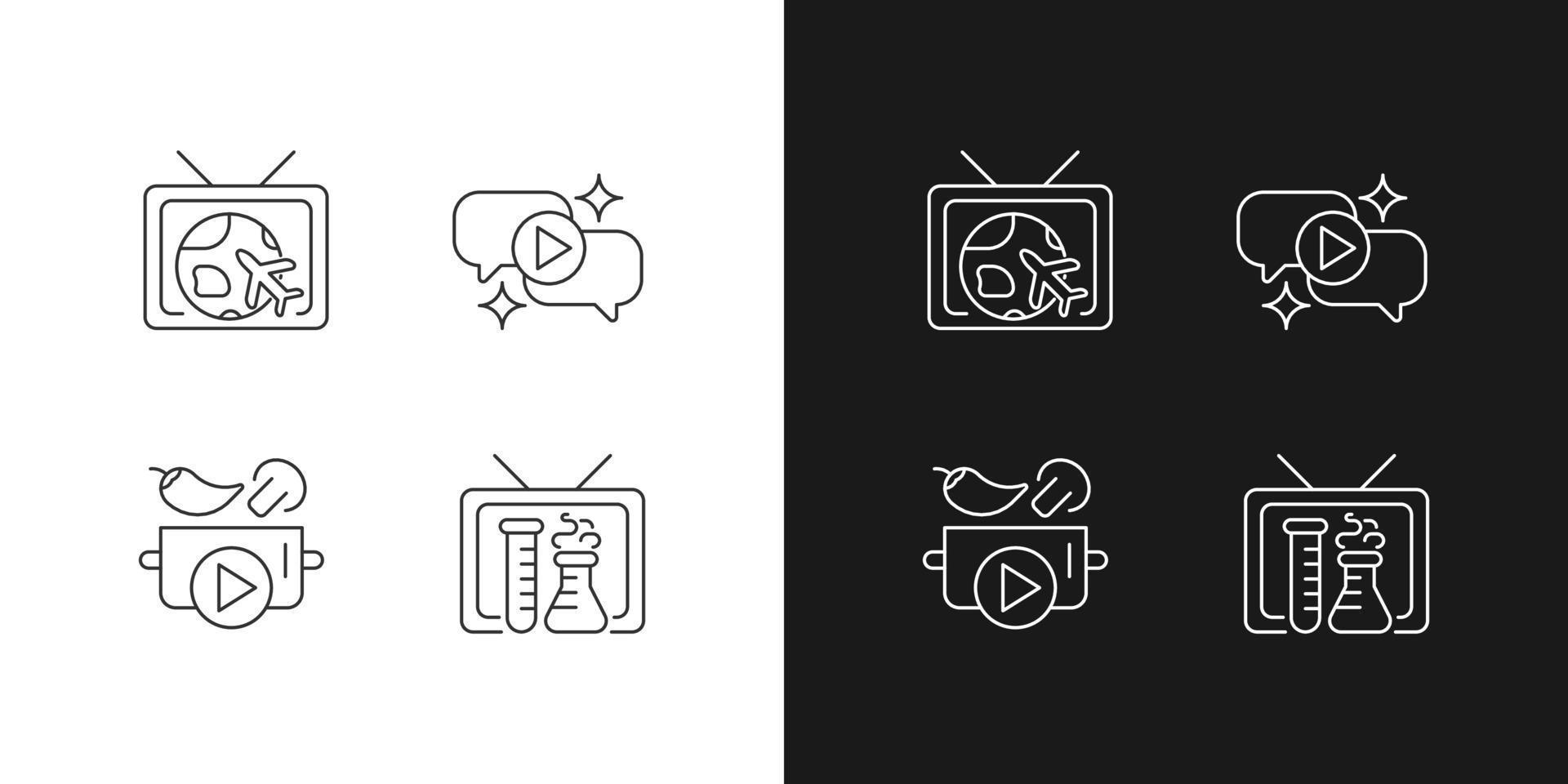 Iconos lineales de la serie de televisión establecidos para el modo oscuro y claro. vector