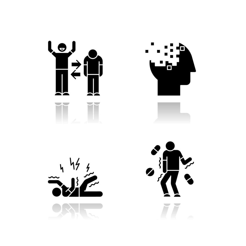 Mental disorder drop shadow black glyph icons set vector