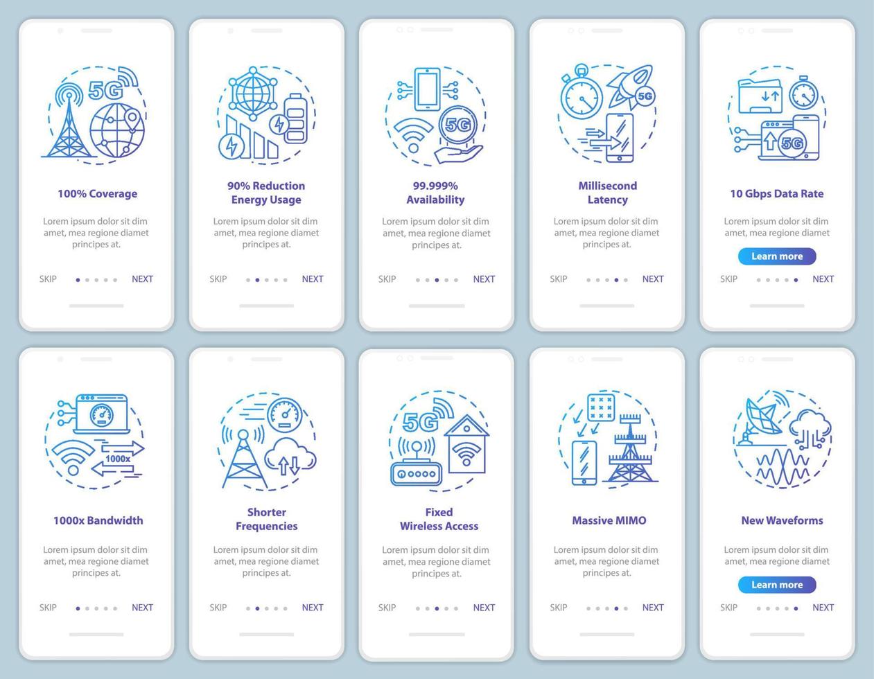 Plantilla de vector de pantalla de página de aplicación móvil de incorporación de tecnologías 5g