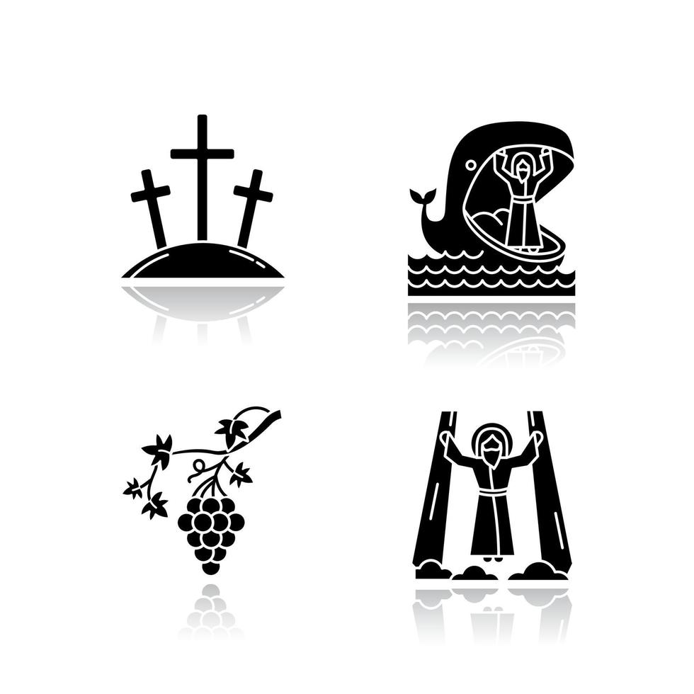 Bible narratives drop shadow black glyph icons set vector