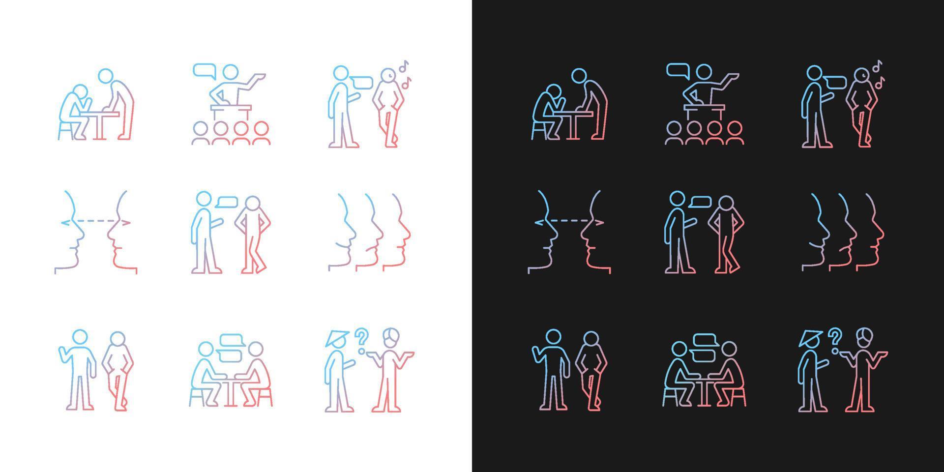 Communication process gradient icons set for dark and light mode vector