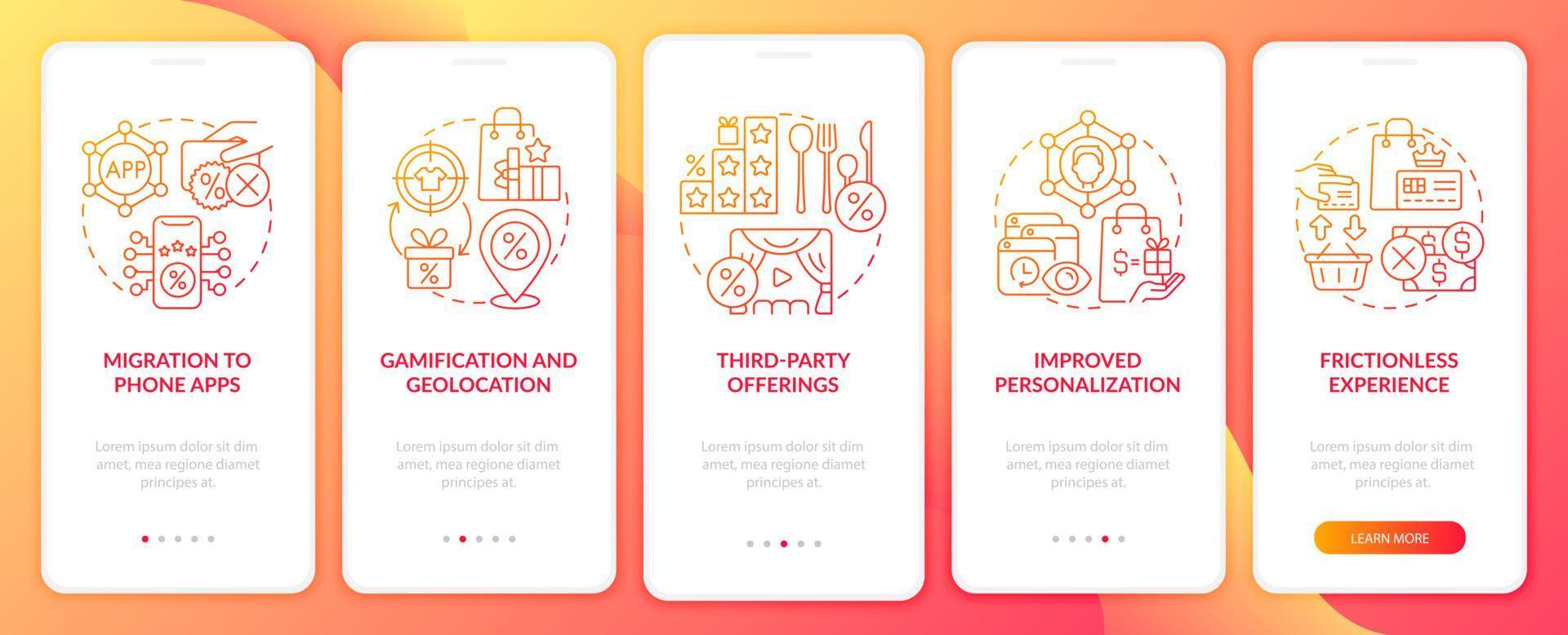 Loyalty programs trends red gradient onboarding mobile app page screen vector