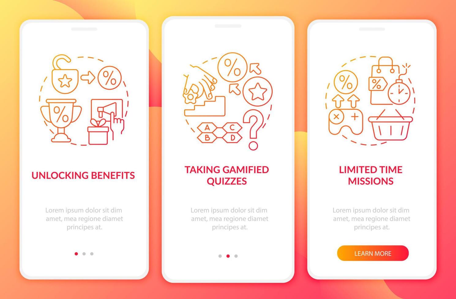 Loyalty programs red gradient onboarding mobile app page screen vector