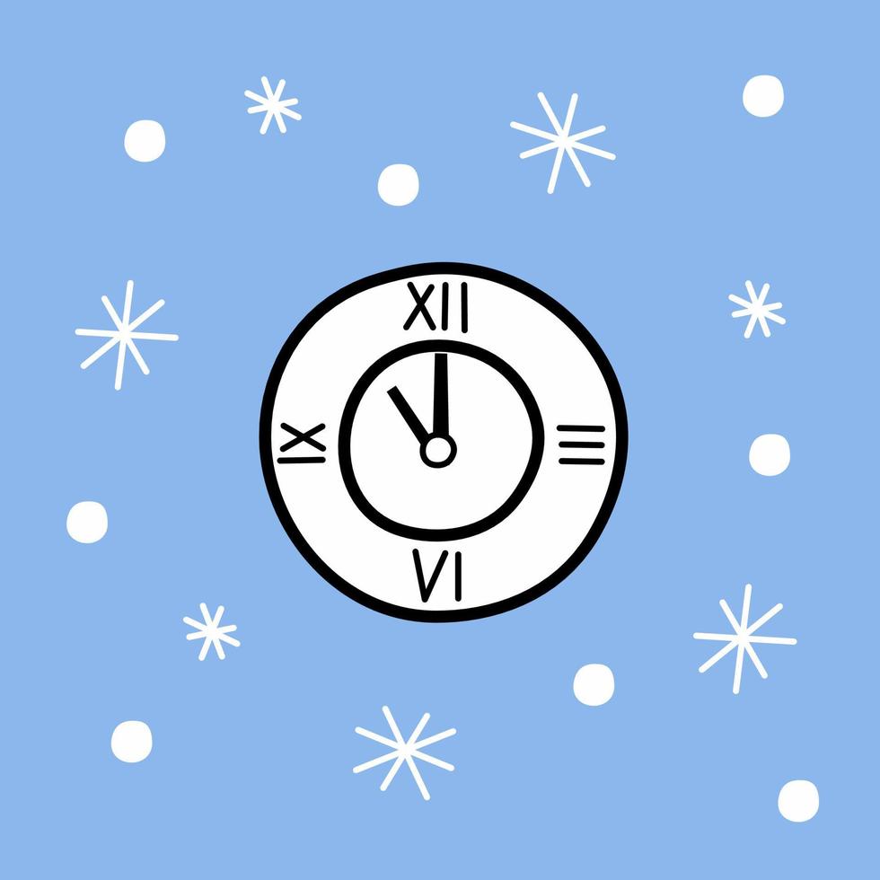 Christmas clock on a blue square background - color illustration. new year, holiday, winter. time vector