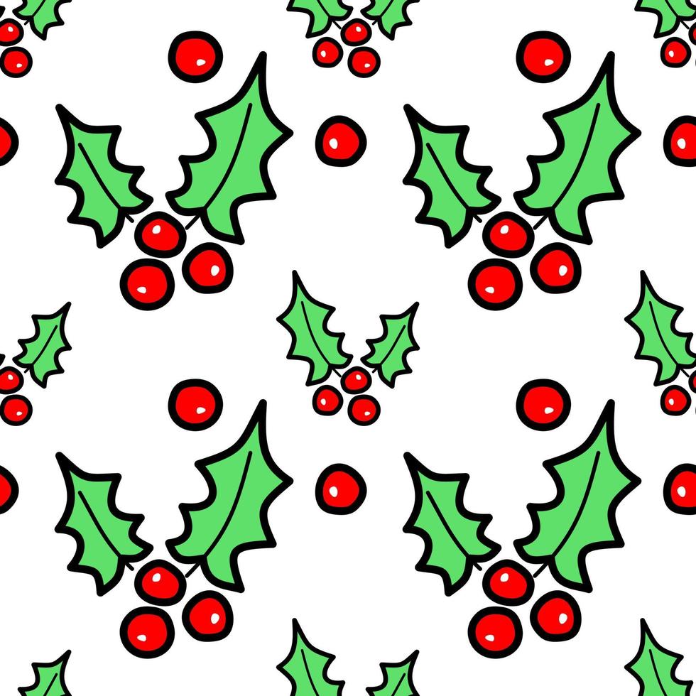 Christmas holly ilex seamless colored background in flat style. New Year and winter holiday vector