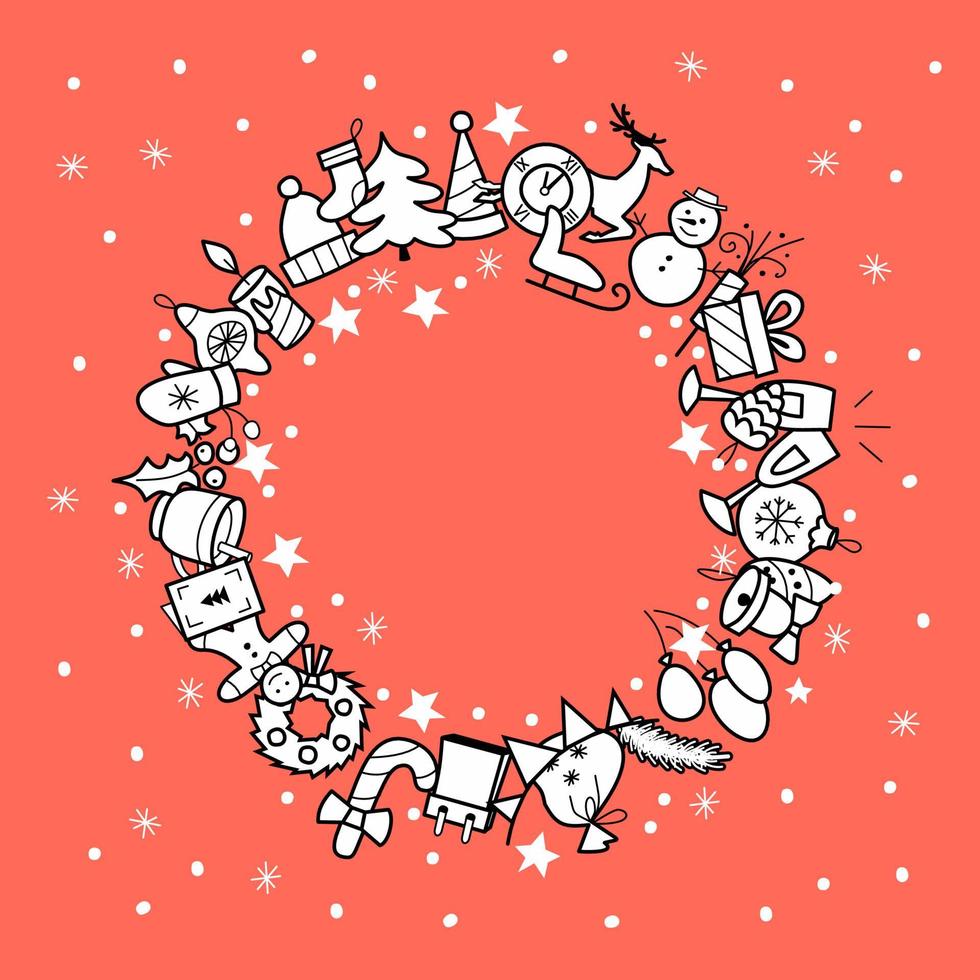 banner redondo de Navidad con lugar para el texto - ilustración de estilo plano. Navidad conjunto de iconos para una tarjeta navideña. Año nuevo vector