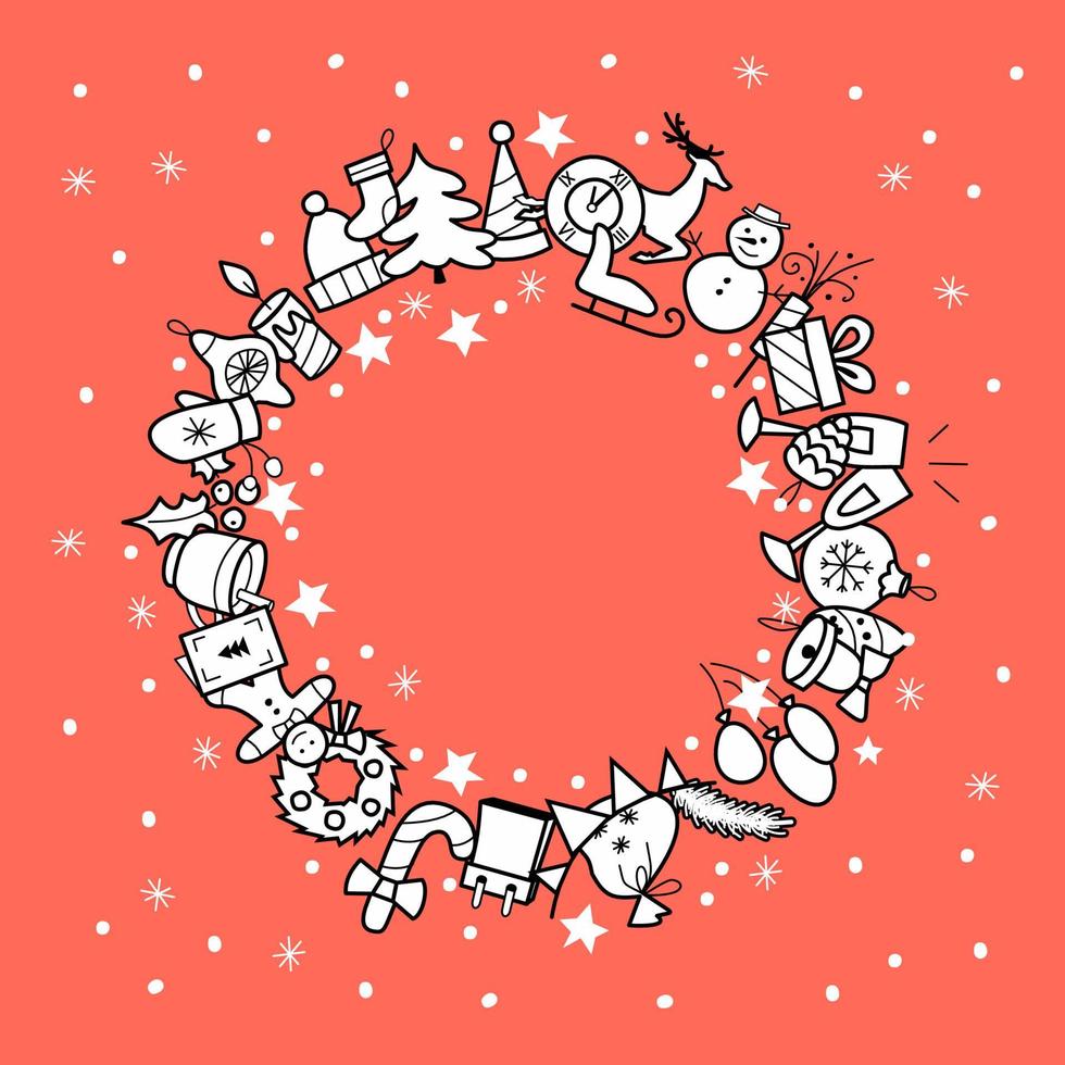 christmas round banner with place for text - illustration in flat style. christmas set of icons for a holiday card. New Year vector