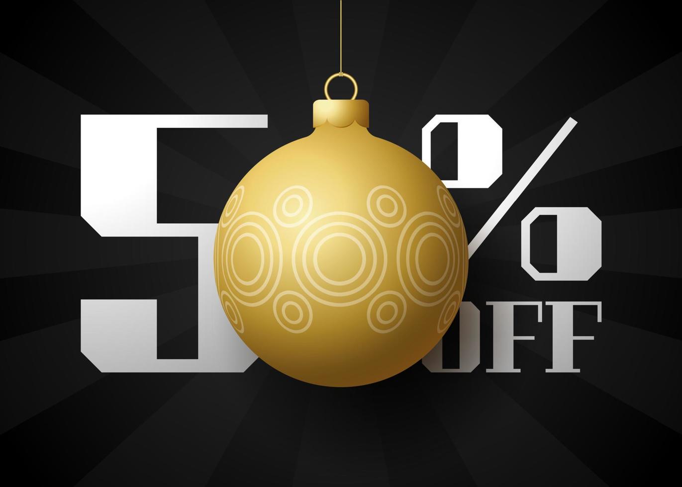 Merry christmas big Sale banner. Luxury Christmas Sale 50 percent off black royal banner template with decorated golden ball hang on a thread. Happy new year and xmas Vector illustration