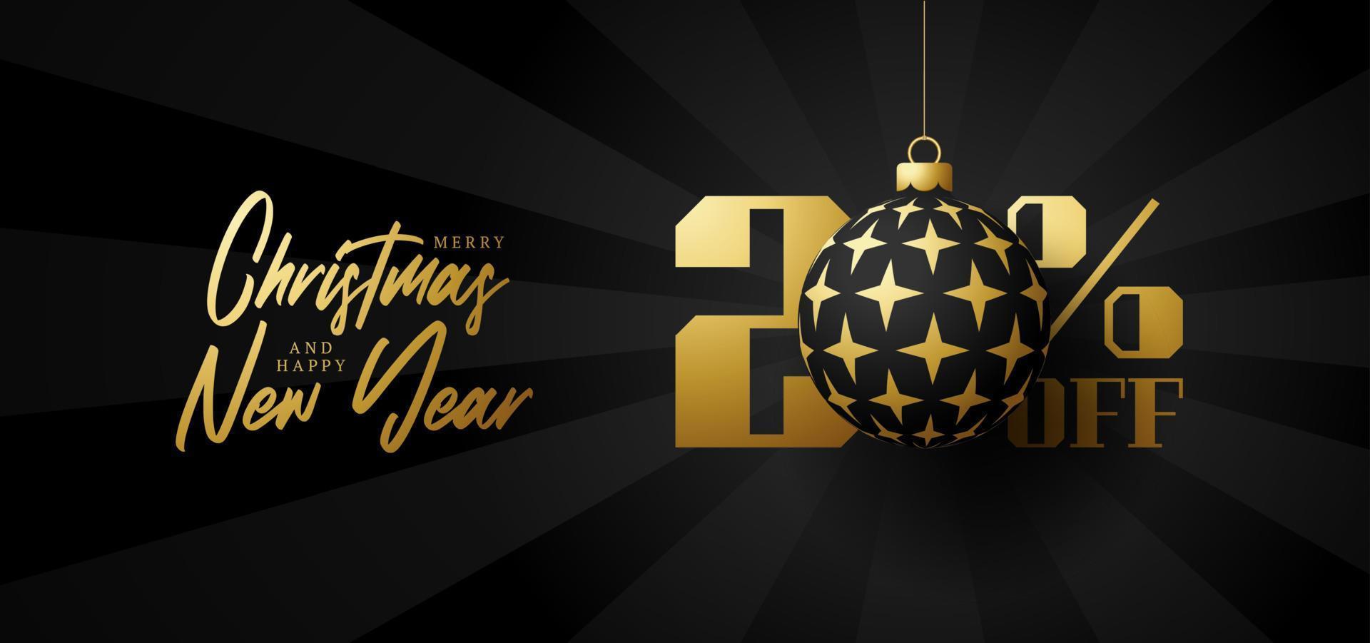 Merry christmas big Sale banner. Luxury Christmas Sale 20 percent off black royal banner template with decorated golden ball hang on a thread. Happy new year and xmas Vector illustration