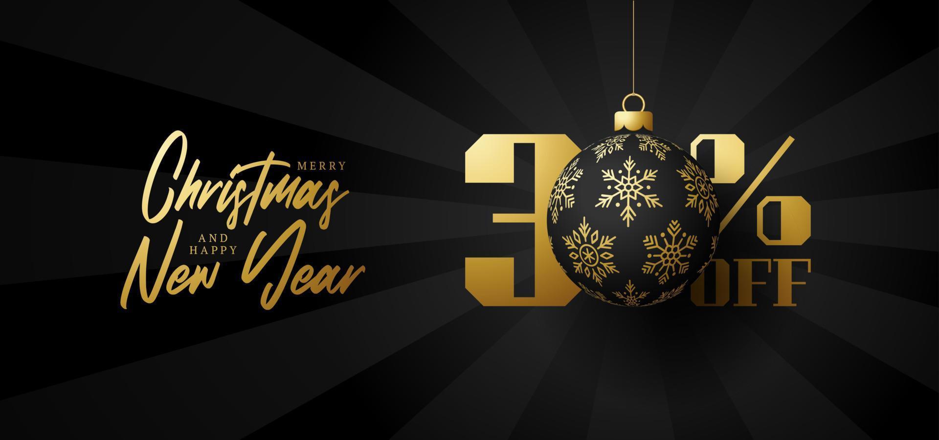 Merry christmas big Sale banner. Luxury Christmas Sale 30 percent off black royal banner template with decorated golden ball hang on a thread. Happy new year and xmas Vector illustration