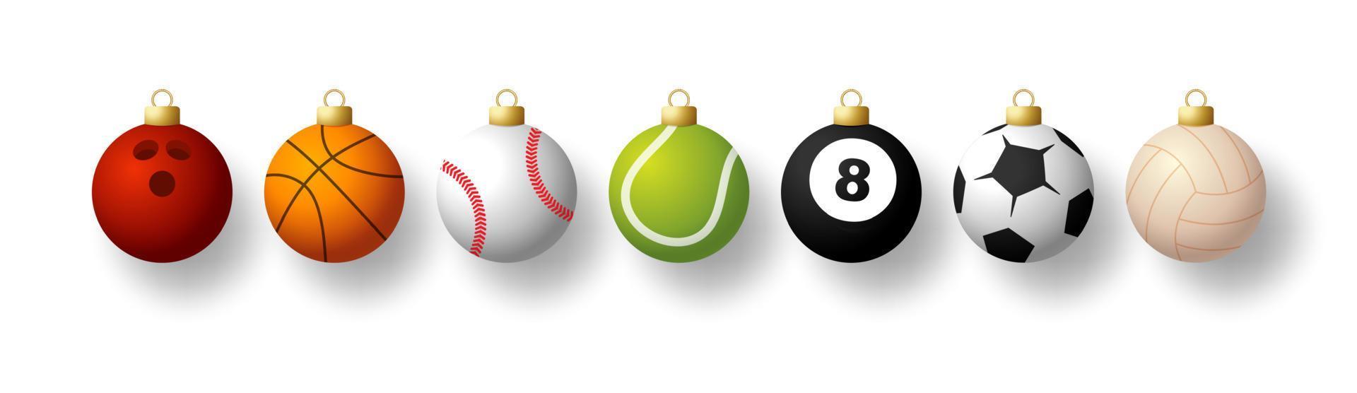 Sport Christmas balls set. Christmas set with sport baseball, basketball, football, tennis, cricket, soccer, volleyball, bowling, billiard balls hang on a thread. Vector illustration.