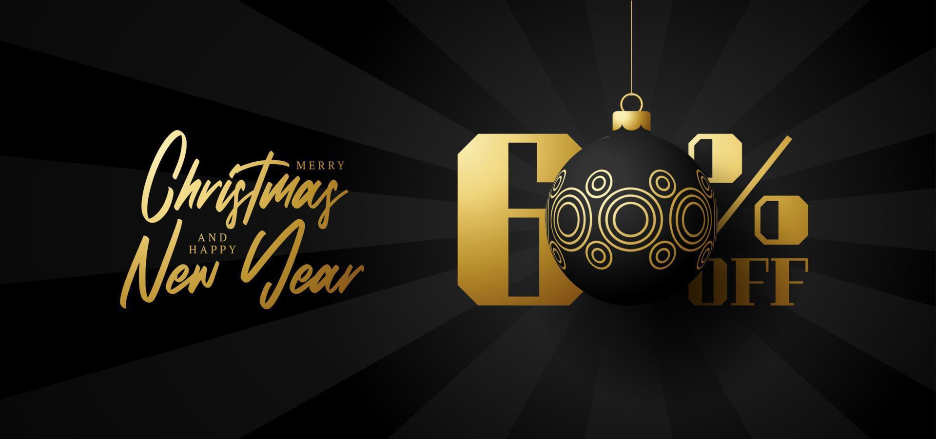 Merry christmas big Sale banner. Luxury Christmas Sale 60 percent off black royal banner template with decorated golden ball hang on a thread. Happy new year and xmas Vector illustration